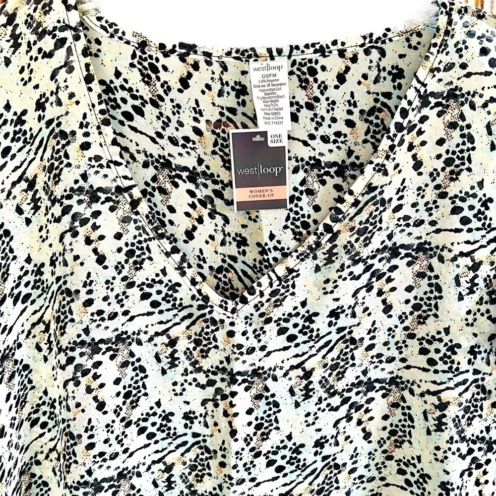 West Loop Animal Print Kimono Cover Up Boho Pom Pom Trim V Neck Sheer NWT OSFM - Picture 2 of 10